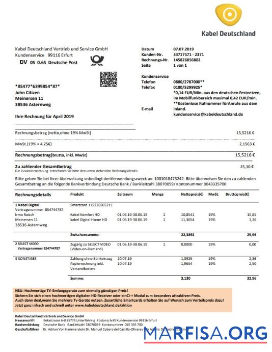 Realistic Germany TV Cabel utility bill example